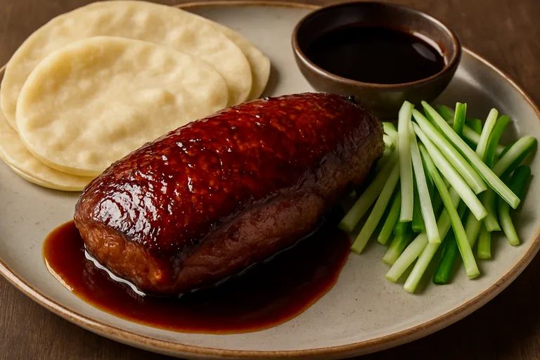 Aziatische eend met krokante huid en sojaglazuur, geserveerd met pannenkoekjes en frisse komkommer