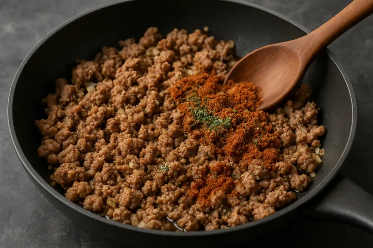 De vulling bereiden: gehakt rul bakken en kruiden