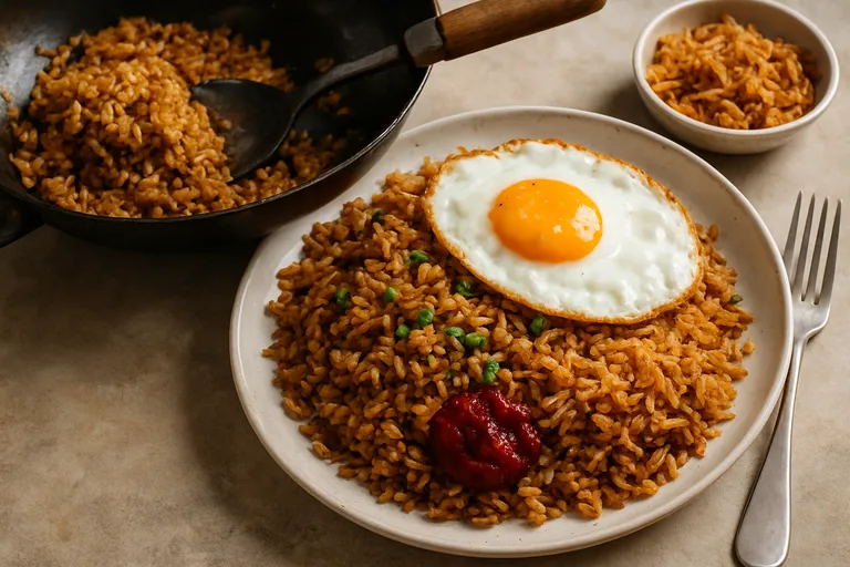 Geurige nasi uit de wok met romig ei, sambal en knapperige uitjes