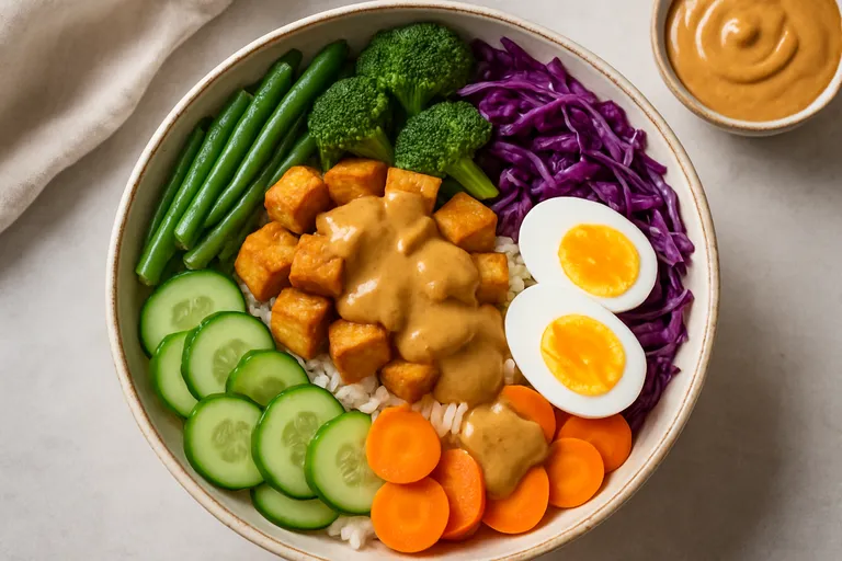 Kleurrijke gado gado bowl vol knapperige groenten en romige pindasaus