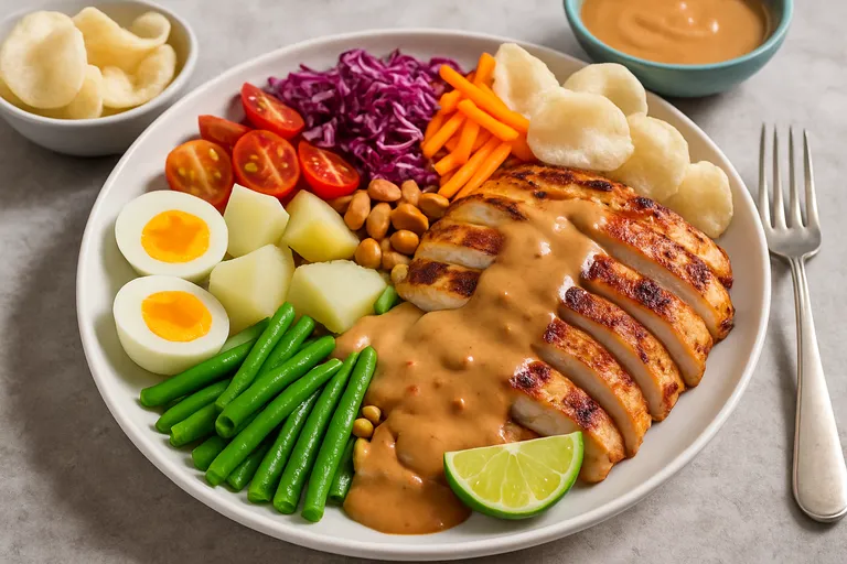 Kleurrijke gado gado met gegrilde kip, knapperige groenten en romige pindasaus