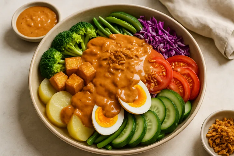 Kleurrijke indonesische groentesalade met romige pindasaus en knapperige groenten