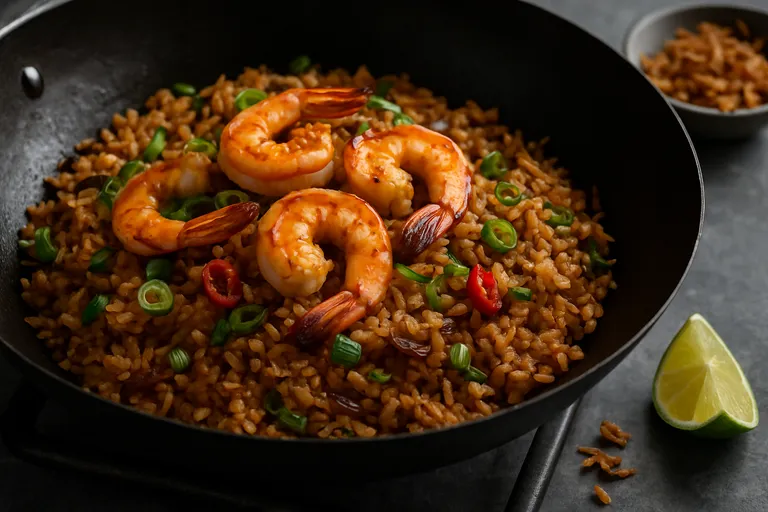 Kruidige indische nasi met malse garnalen uit de wok, vol ketjap en sambal