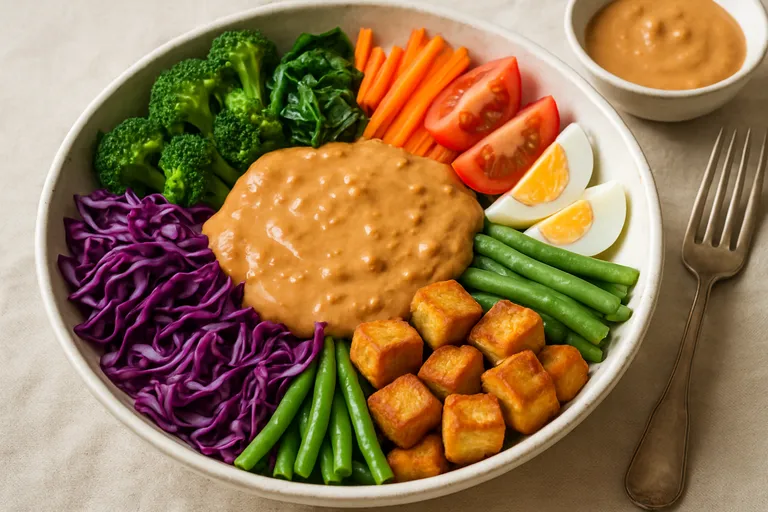 Vegetarische gado gado vol kleur: knapperige groenten met romige pindasaus