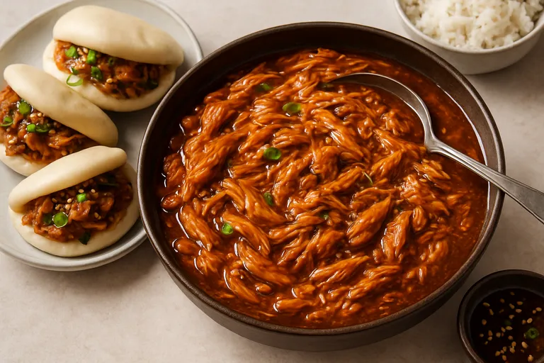 Zijdezachte pulled chicken met aziatische umami in kleverige gember-sojasaus, ideaal voor broodjes en bowls